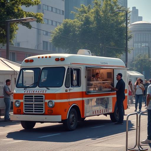 A catering truck parked on a film set, providing food and beverages to the crew.