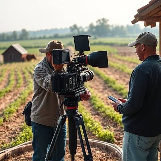 A film crew setting up equipment on location at a rural farm.