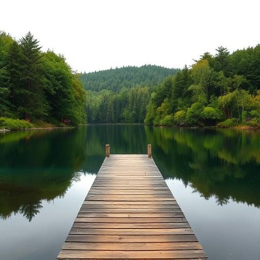 A serene lake surrounded by lush green forests, with a wooden dock extending into the water.